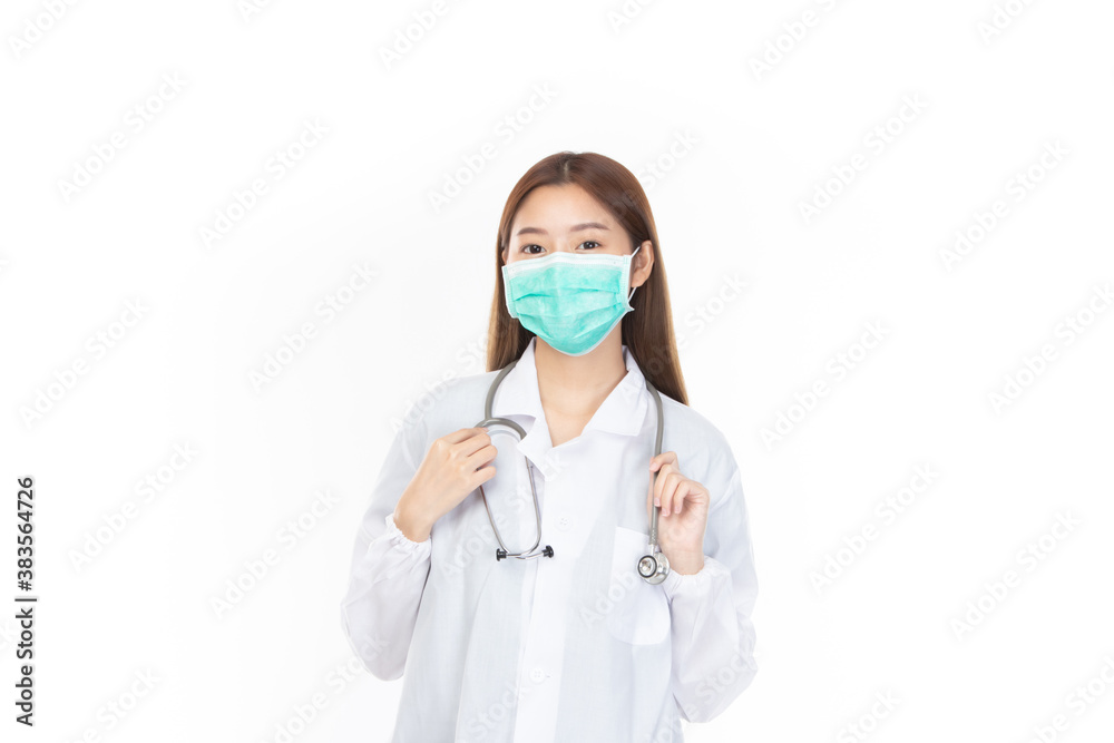 Beautiful portrait friendly asian female doctor or nurse in medical mask at medical clinic isolated on white background. Mask to prevent virus concept.
