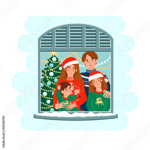 Family at Christmas staying by the window together at home. Parents with kids. Cute vector illustration drawing in flat style.