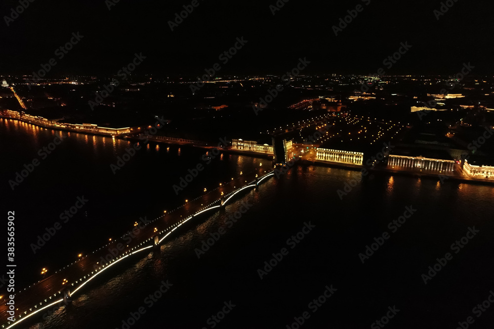 Fototapeta premium Aerial Townscape of Saint Petersburg City at Night. Troitskiy Bridge