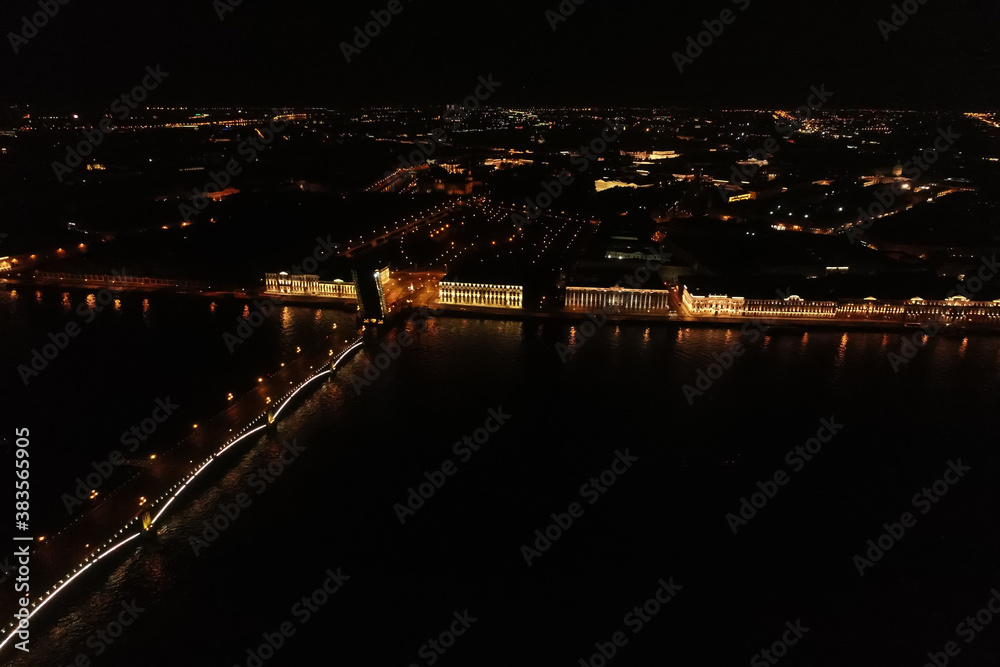Aerial Townscape of Saint Petersburg City at Night. Troitskiy Bridge Aerial Townscape of Saint Petersburg City at Night. Troitskiy Bridge