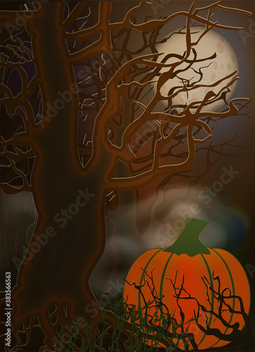 Happy Halloween banner  with tree and pumpkin. vector illustration
