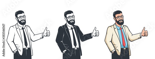 Smiling Man in suit thumb up. Bearded businessman in glasses with like gesture. Vector illustration.