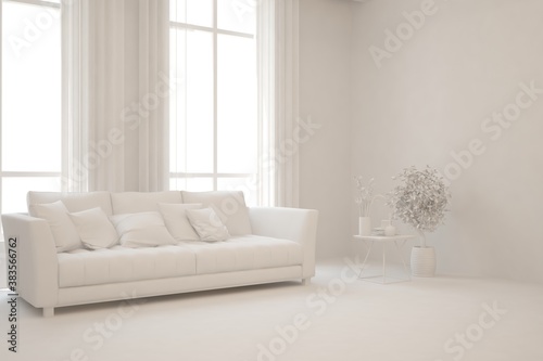 White minimalist living room with sofa. Scandinavian interior design. 3D illustration