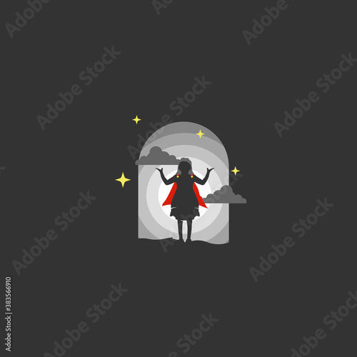 Super Girl with red robe in the Night. Silhouette