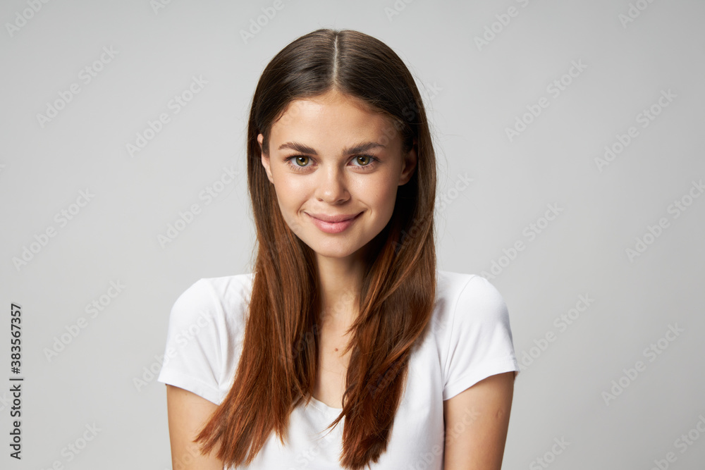 Obraz premium Happy woman looking ahead beautiful smile long hair