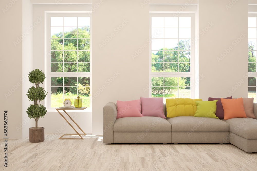 White living room with sofa and summer landscape in window. Scandinavian interior design. 3D illustration White living room with sofa and summer landscape in window. Scandinavian interior design. 3D illustration