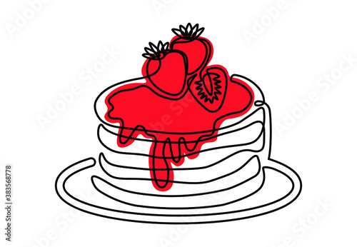 Continuous line drawing of pancakes with jam and strawberries. Breakfast theme, hand drawn dessert made of one line for logo posters. Modern vector illustration