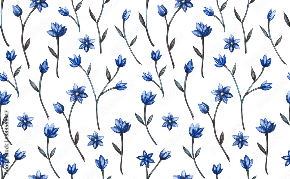 Fototapeta Watercolor blue flowers pattern on a white background.