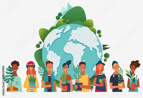 Young people holding different plants. Eco friendly ecology concept. Nature conservation vector illustration