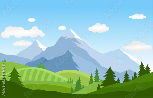 Mountain  landscape vector illustration. Cartoon flat  of spring summer beautiful nature, green grasslands meadow with  forest and mountains on horizon background .