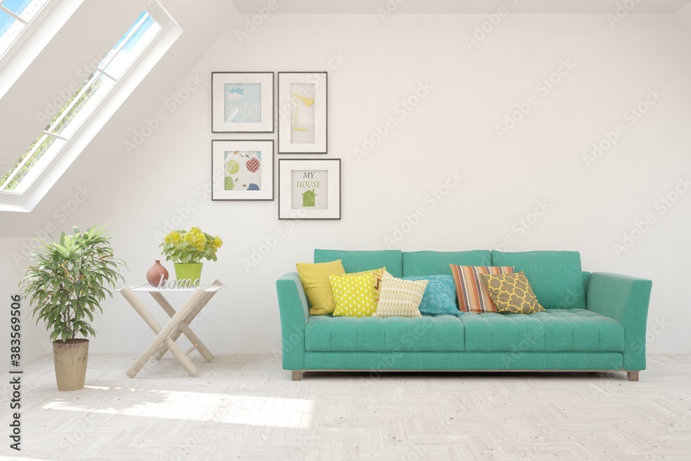 Fototapeta premium White living room with sofa. Scandinavian interior design. 3D illustration