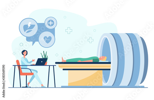 Doctor doing brain scan on MRI machine for patient flat vector illustration. Cartoon person in computer tomography machine. Radiology and hospital equipment concept