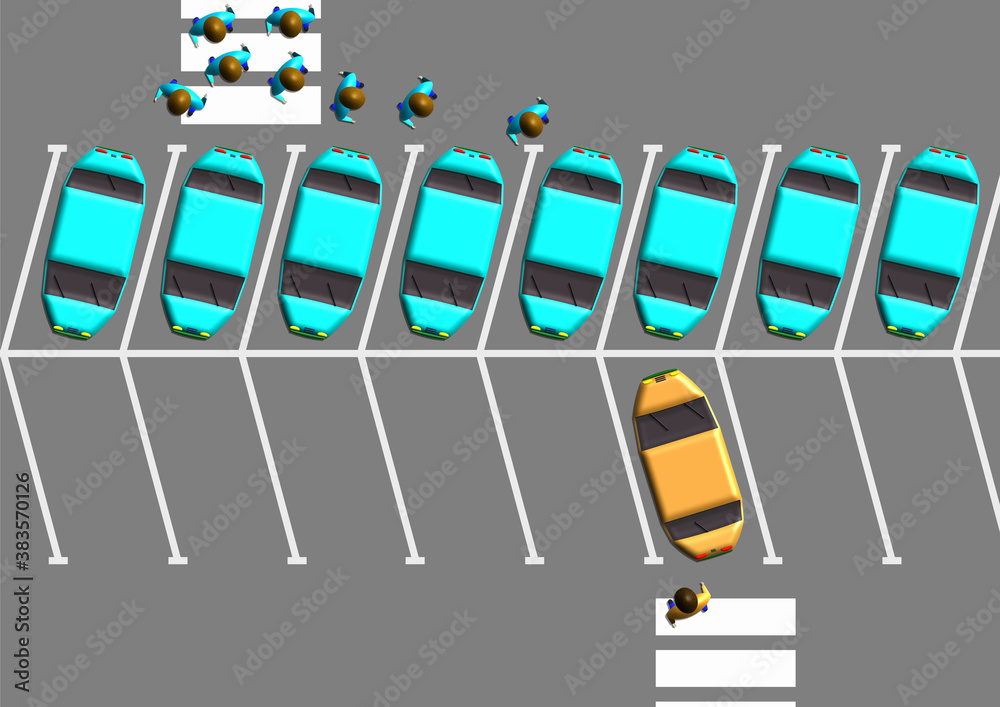 Sur un parking rempli de plusieurs voitures bleues et d'une