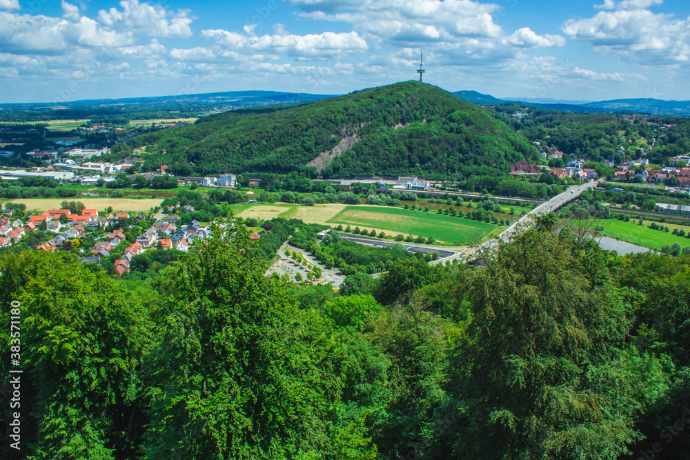 Scenic German landscape at Weserbergland. View from Emperor William Monument (Wittekindsberg) near the city of Porta Westfalica, North Rhine Westphalia, Germany