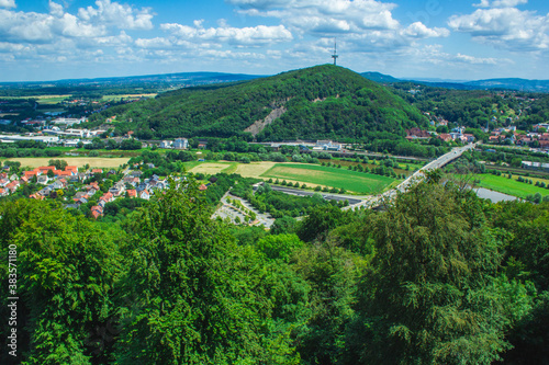 Scenic German landscape at Weserbergland. View from Emperor William Monument (Wittekindsberg) near the city of Porta Westfalica, North Rhine Westphalia, Germany