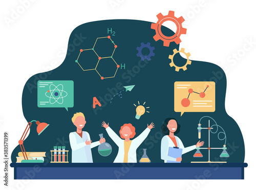 Cheerful kids learning in chemistry class flat vector illustration. Cartoon children in school science laboratory doing experiment. Education and knowledge concept