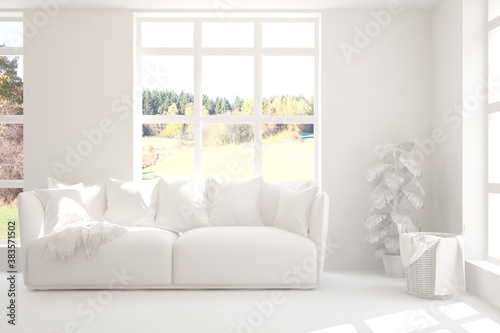 White minimalist living room with sofa. Scandinavian interior design. 3D illustration