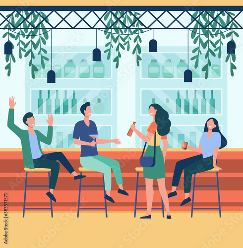 Cheerful men and women sitting in pub flat vector illustration. Cartoon people drinking beer, talking and relaxing in bar. Alcohol drinks and friendship concept