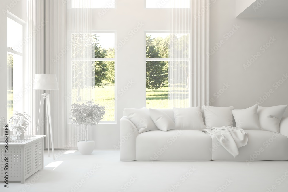 White living room with sofa and summer landscape in window. Scandinavian interior design. 3D illustration White living room with sofa and summer landscape in window. Scandinavian interior design. 3D illustration