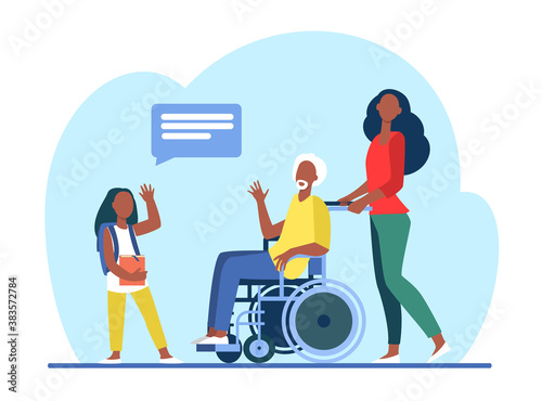 Senior man in wheelchair meeting with granddaughter. Girl visiting grandpa flat vector illustration. Family, generation concept for banner, website design or landing web page