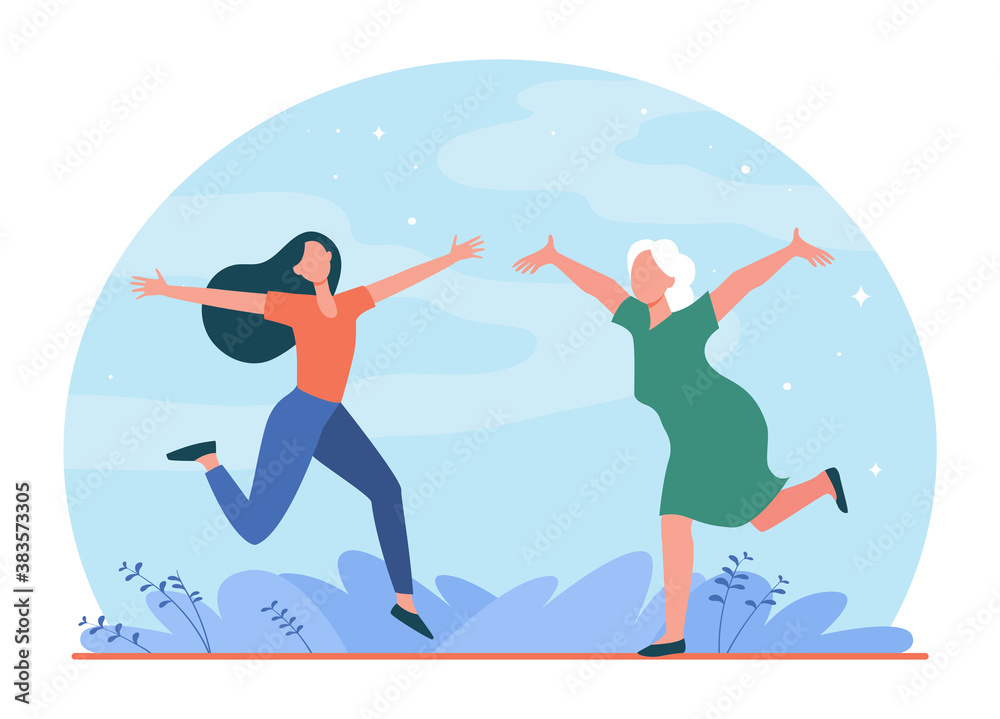 Happy mother and daughter meeting outdoors. Senior and young woman meeting with open arms flat vector illustration. Motherhood, family concept for banner, website design or landing web page