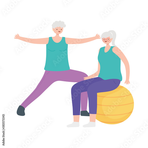 activity seniors, happy elderly women practicing exercises with ball