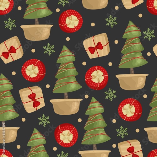 Christmas and New year festive seamless pattern for wrapping paper or fabric with different elemets. Fashionable vintage style.