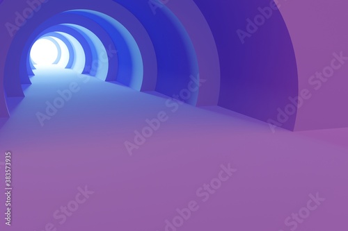 Fototapeta Naklejka Na Ścianę i Meble -  Purple background arch tunnel with glowing architectural elements 3d illustration