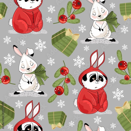 Christmas and New year festive seamless pattern for wrapping paper or fabric with different elemets. Cute Panda and Bunny Fashionable vintage style.