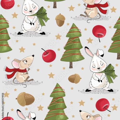 Christmas and New year festive seamless pattern for wrapping paper or fabric with different elemets. Mouse and Bunny. Fashionable vintage style