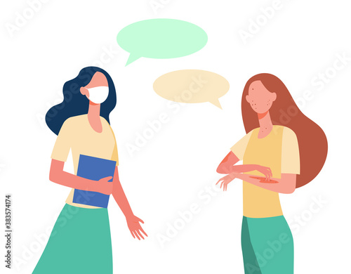 Woman in mask talking to chickenpox infected friend. Friends, students, speech bubbles flat vector illustration. Healthcare, infection risk concept for banner, website design or landing web page