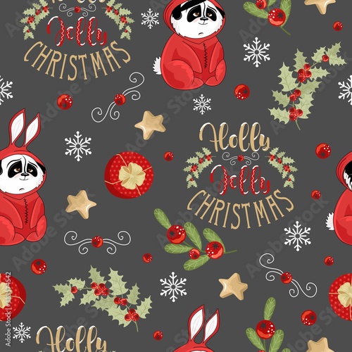 Christmas and New year festive seamless pattern for wrapping paper or fabric with different elemets. Cute Panda and Bunny Fashionable vintage style.