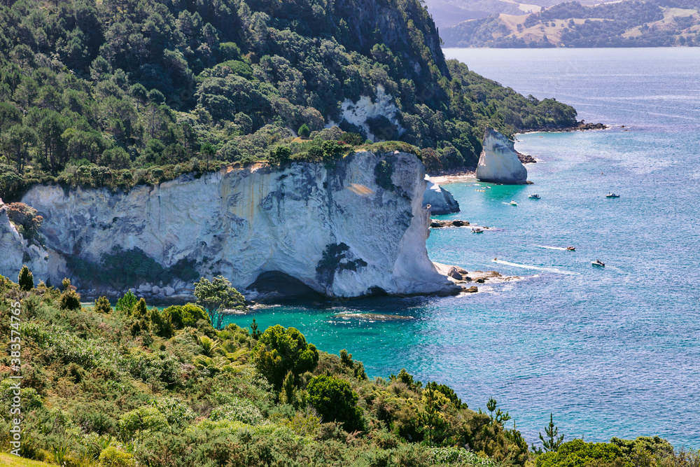 Cathedral Cove with sandstone cliffs and pinnacle rock Te hoho in New Zealand