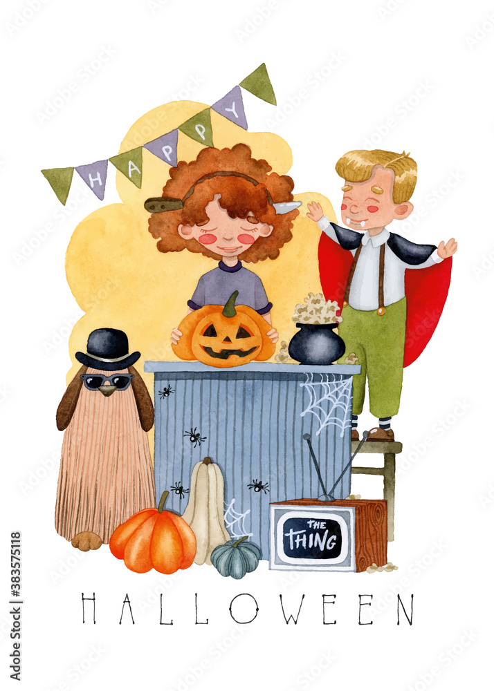 Fototapeta premium Happy halloween party colorful isolated watercolor illustration pumpkin on white background