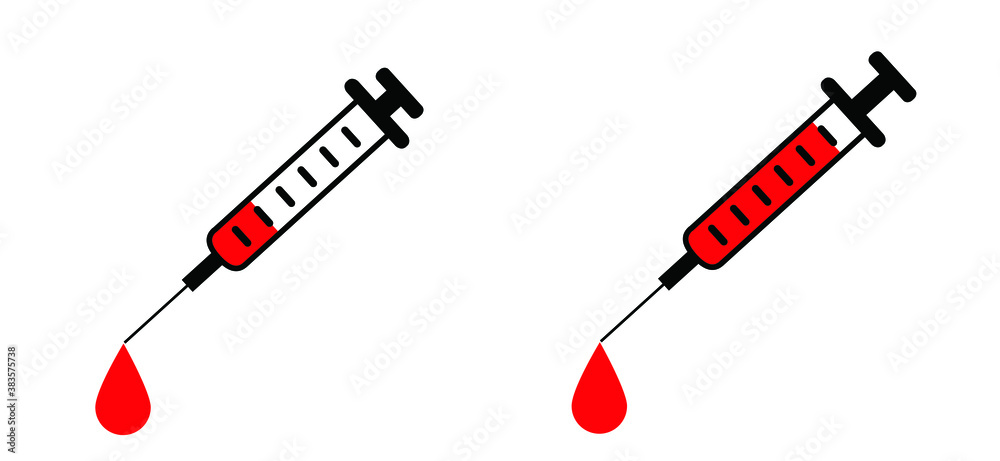 Blood drops, injection needles, a medical syringe with needles. hypodermic needle or disposable syringe sign. Flat vector blood drop pictogram logo. Blood chemistry. Blood test for viruses.