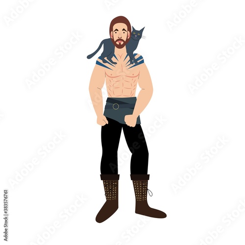 Masculine man with cat in cartoon style. Sport exercise, fitness workout. Health care concept. Healthy lifestyle. Taking care of animals. Brutal man and gray cat on his shoulder. Viking with a beard