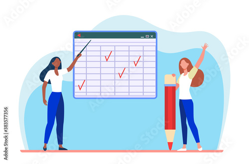 Student and teacher at class. Pointing at matrix blackboard, raising hand for answer flat vector illustration. Online course, education concept for banner, website design or landing web page