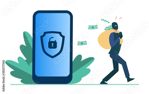 Criminal hacking personal data and stealing money. Hacker carrying bag with cash from unlock phone flat vector illustration. Fraud, security concept for banner, website design or landing web page