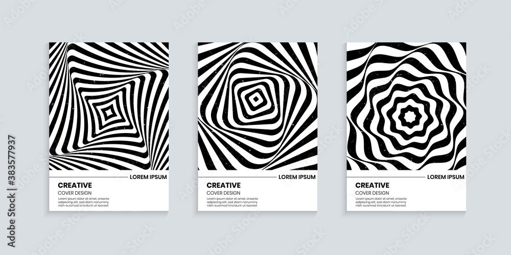 Black and white cover design set with wavy striped lines