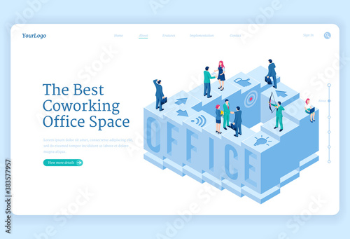 Coworking office space isometric landing page. Business people work, communicate, develop new projects and ideas in special area workplace for team cooperation and activity, 3d vector web banner