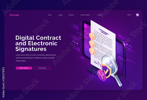 Digital contract and electronic signature isometric landing page, e-signature on document at pc screen with fingerprint, shield and magnifier, secured internet technology service, 3d vector web banner