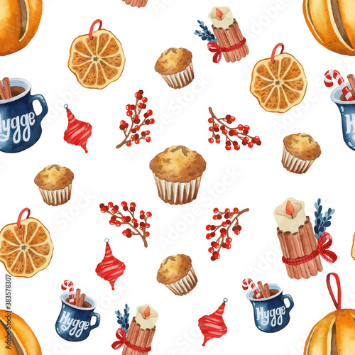 Rustic hygge Christmas seamless pattern watercolor on white background
