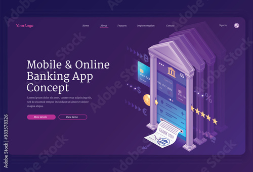 Online banking mobile app isometric landing page. Smart wallet concept with credit or debit card payment application on smartphone screen, secure money transaction, nfc technology 3d vector web banner