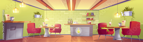 Coffee house or cafe interior with cashier desk, shelf with roasted beans packs, tables with dessert and armchairs, litter bin. Empty cafeteria with furniture, food court. Cartoon vector illustration