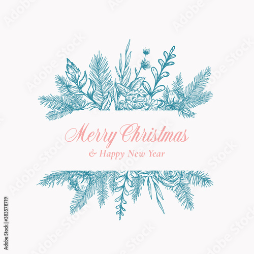 Merry Christmas Abstract Botanical Logo or Card with Frame Banner and Modern Typography. Hand Drawn Spruce or Pine Branches and Flowers. Pastel Colors Greeting Layout.