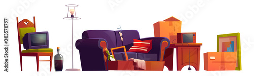Old furniture, room stuff and alcohol bottles, broken sofa, wooden chair with antique switched-off TV set, carton boxes, retro radio on wood table and floor lamp, Cartoon vector illustration, icons
