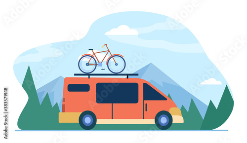 Minivan with bike on top moving in mountain. Vehicle, transport, bicycle trip flat vector illustration. Outdoor activity, adventure travel concept for banner, website design or landing web page