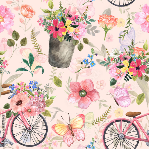 Watercolor spring or summer flowers and bicycle seamless pattern. Cute botani...