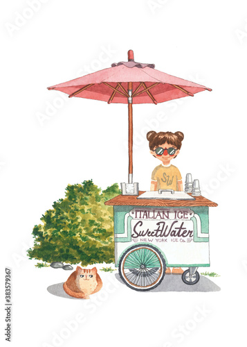 Sweet soda cart summer watercolor illustration