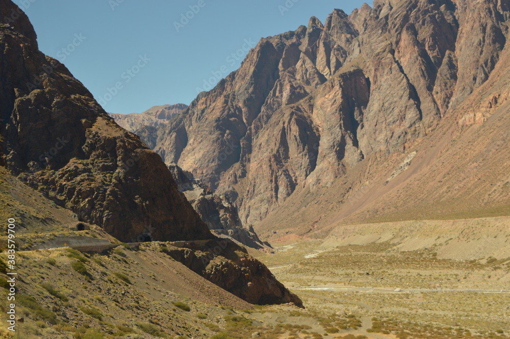 Driving and hiking in the Andes Mountains between Chile and Argentina on the way to Mendoza